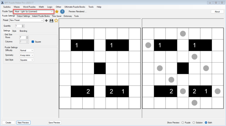 Puzzle Maker Pro with Akari Light Up started, puzzle and solution