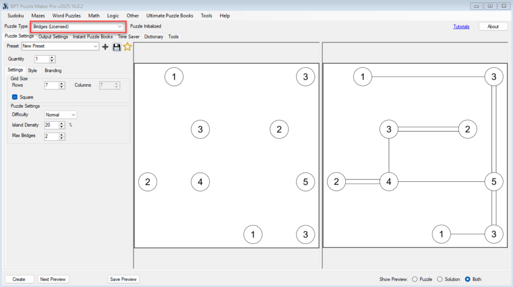 Select the Bridges module in Puzzle Maker Pro