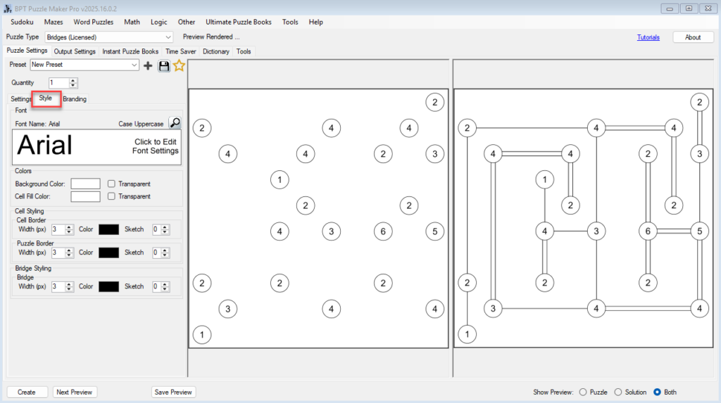 Select the Style tab for Bridges in Puzzle Maker Pro