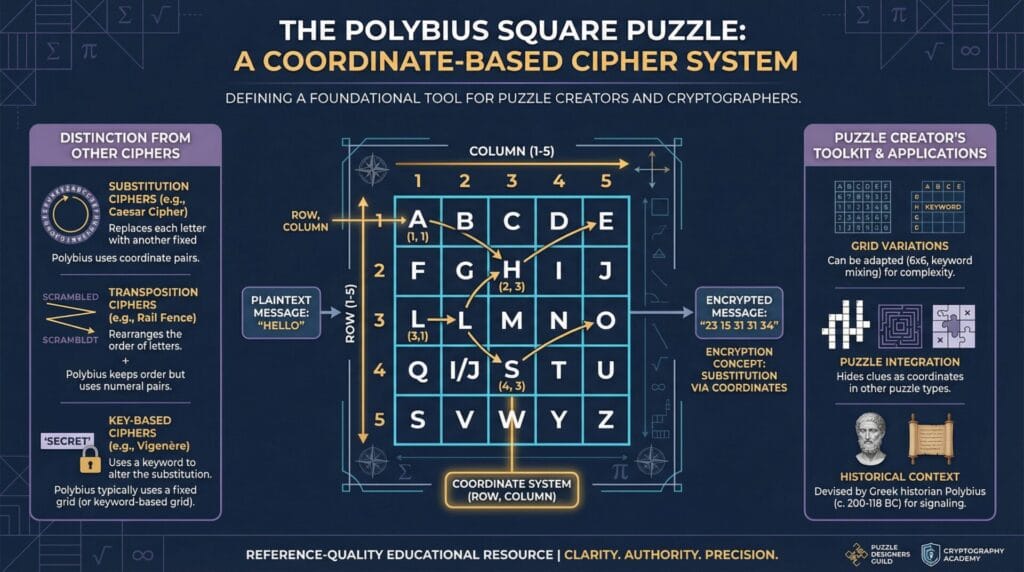 Clean educational infographic showing the Polybius square structure, coordinate system, and distinction from other cipher types. Professional reference-quality design with clear visual hierarchy.