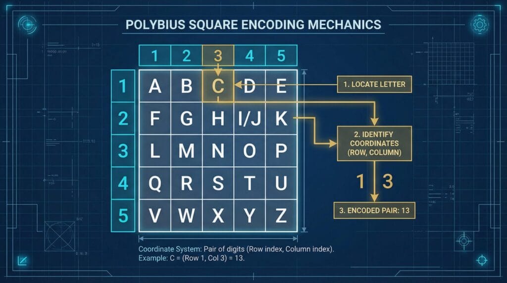 Technical illustration showing the encoding process step-by-step with a 5x5 grid, coordinate identification, and encoding flow. Blueprint-style aesthetic with precise annotations.