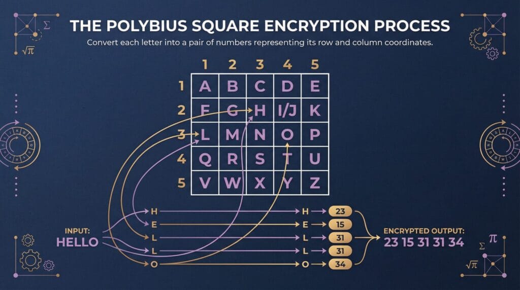 Educational infographic showing the encryption process with "HELLO" → "23 15 31 31 34" with clear visual flow and arrows.
