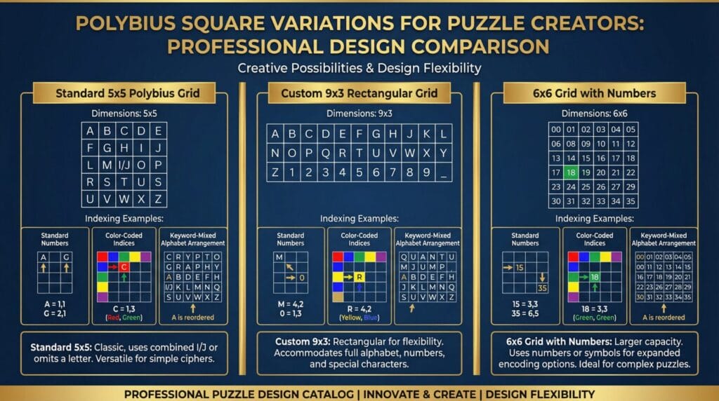 Professional design catalog showing three different Polybius grids (5x5, 9x3, 6x6) with various indexing systems including standard numbers, color-coded indices, and keyword-mixed arrangements. Emphasizes creative possibilities.