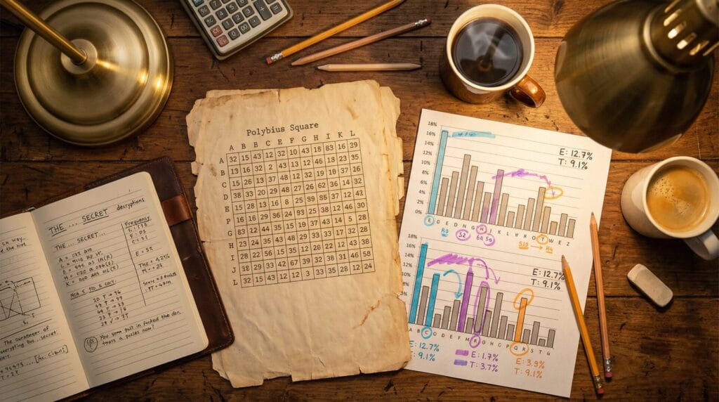 Overhead view of puzzle solver's workspace with encrypted message, frequency analysis charts, colored highlighters, and coffee.