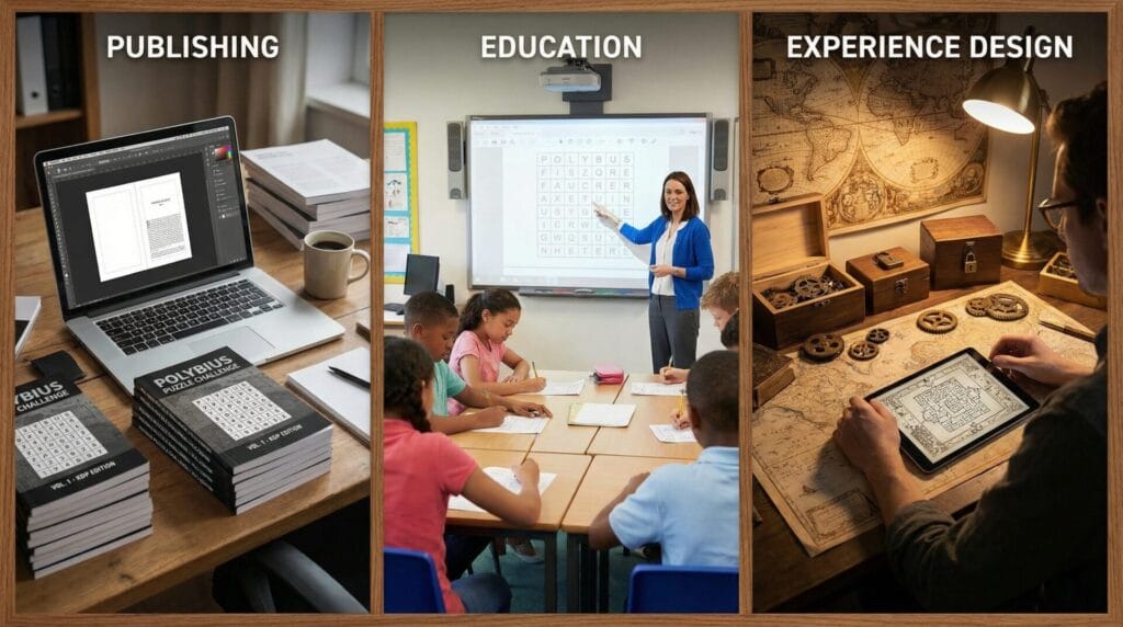 Split composition showing three professional scenes: puzzle book publisher's desk (Amazon KDP), classroom with teacher and students, and escape room designer. Demonstrates real-world applications.