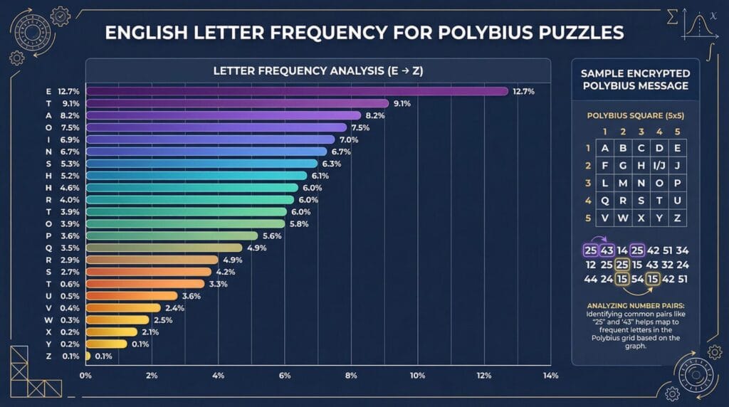 Professional data visualization showing English letter frequencies with gradient color bars and sample encrypted message analysis.