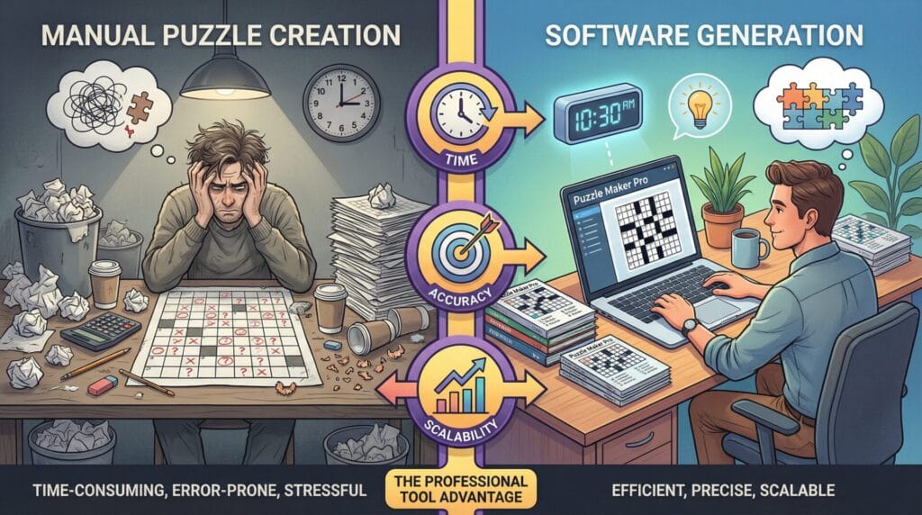 Dramatic split-screen showing stressed manual creator with errors and messy workspace vs. confident creator using Puzzle Maker Pro with clean, efficient workflow. Strong visual storytelling.