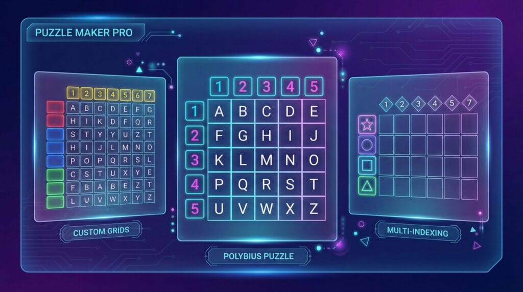  Futuristic display showing three Polybius grids with different dimensions (5x5, 9x3, 4x7) and various indexing systems (numbers, colors, images). Prominently features Puzzle Maker Pro branding.