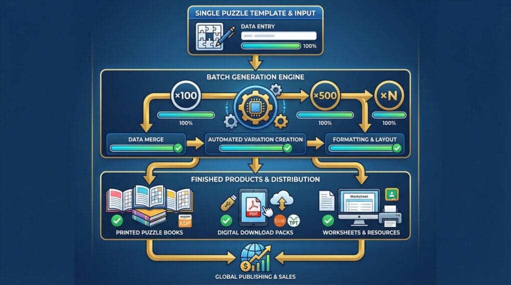 Professional infographic showing the workflow from single puzzle template to batch generation (×100, ×500) to finished products (printed books, PDFs, worksheets) with platform icons (Amazon KDP, Etsy, TPT). Emphasizes scalability and efficiency.