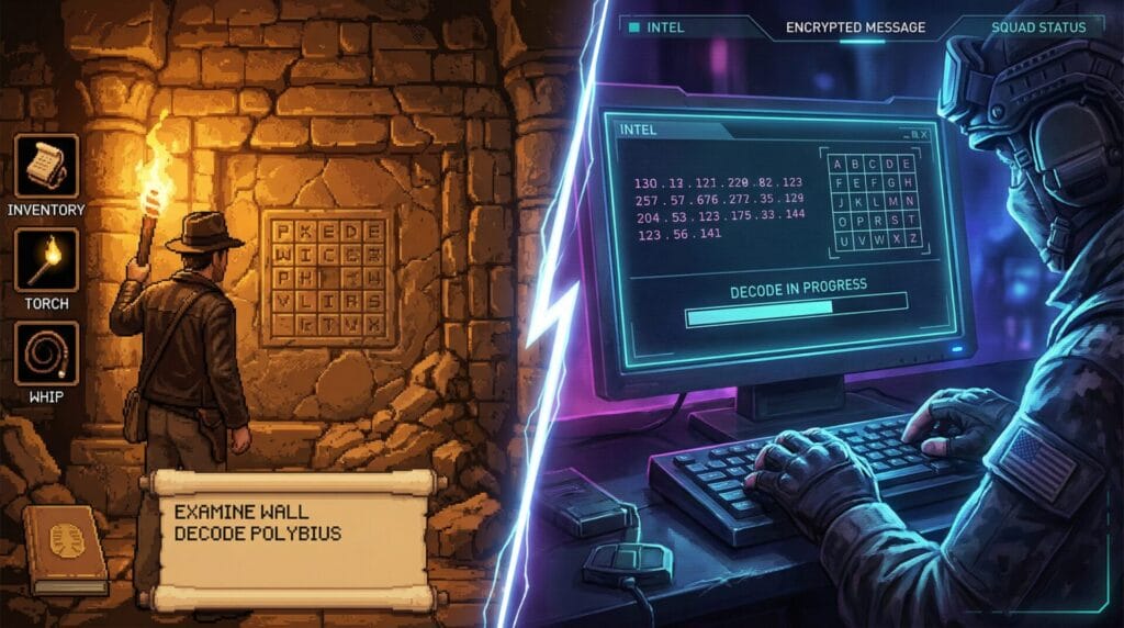  Split composition showing Indiana Jones-style adventure game and Call of Duty tactical interface, both featuring Polybius puzzles.