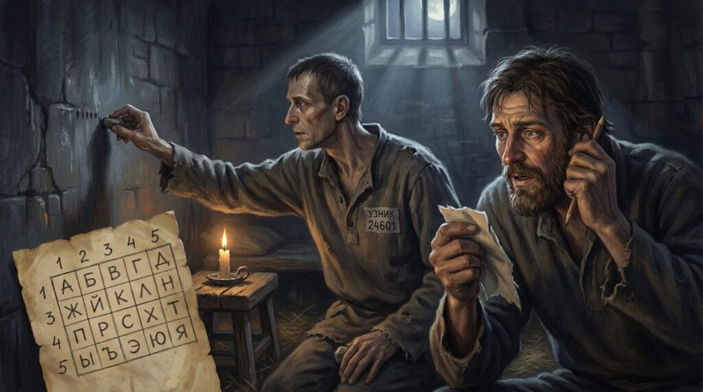 Dramatic prison scene showing prisoners using Polybius square for secret communication, with hand-drawn grid on wall.