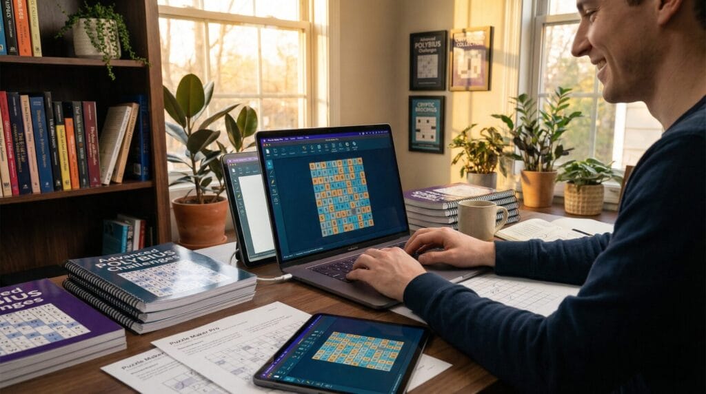 piring workspace image with confident creator using Puzzle Maker Pro, finished puzzle book with professional cover, printed worksheets, and tablet. Warm natural lighting with aspirational aesthetic that motivates action