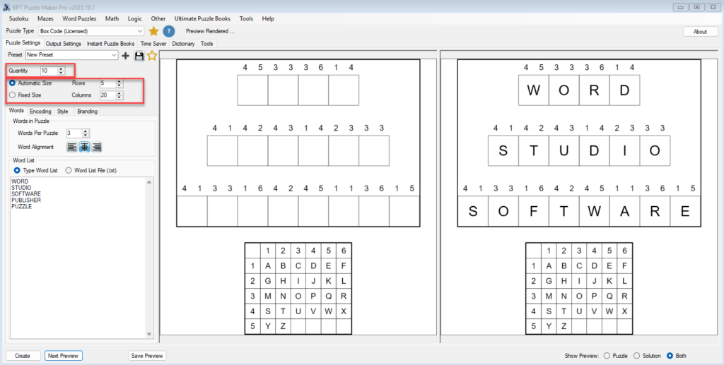 Puzzle Maker Pro - Box Code - set quantity and grid size