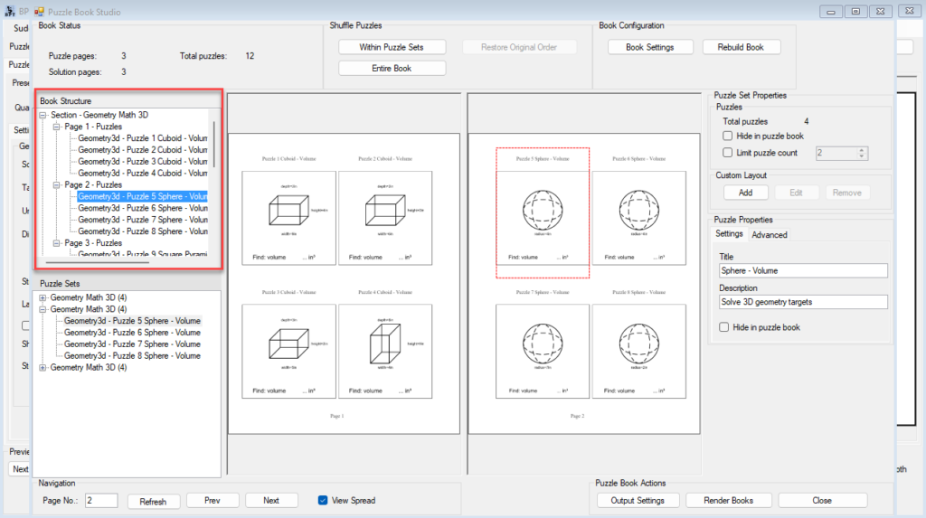 Puzzle Book Studio showing Geometry Math 3D pages in the book structure