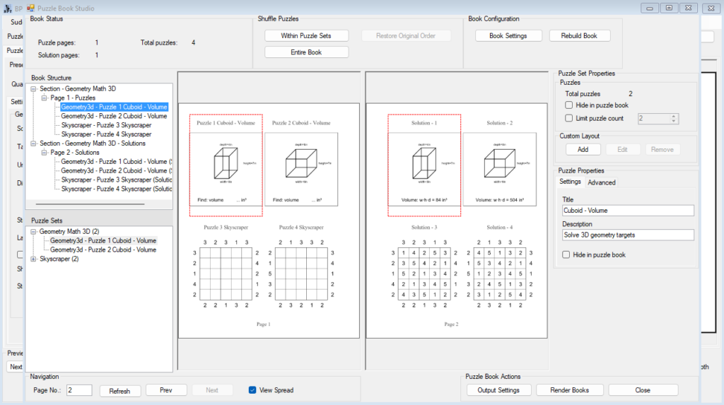 Mixed puzzle book spread showing a Geometry Math 3D page beside a number puzzle or logic puzzle page