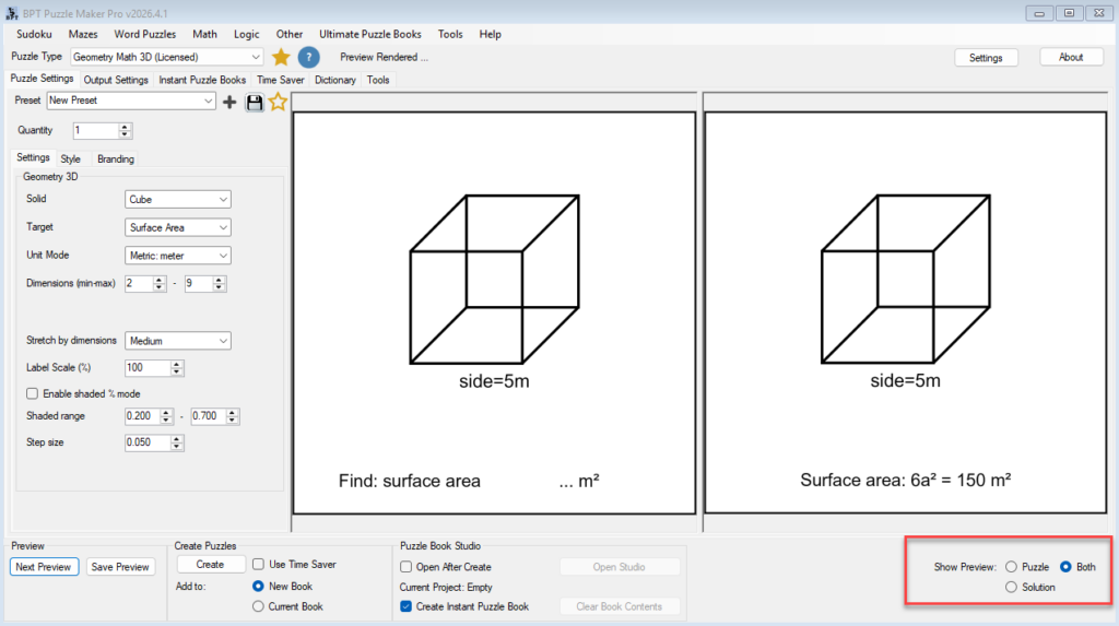 Preview area showing Puzzle and Solution views for the same Geometry Math 3D worksheet