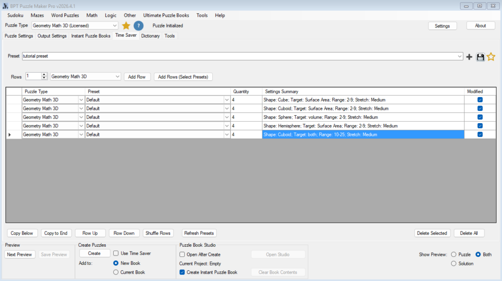 Time Saver setup showing several Geometry Math 3D rows for different solids and targets