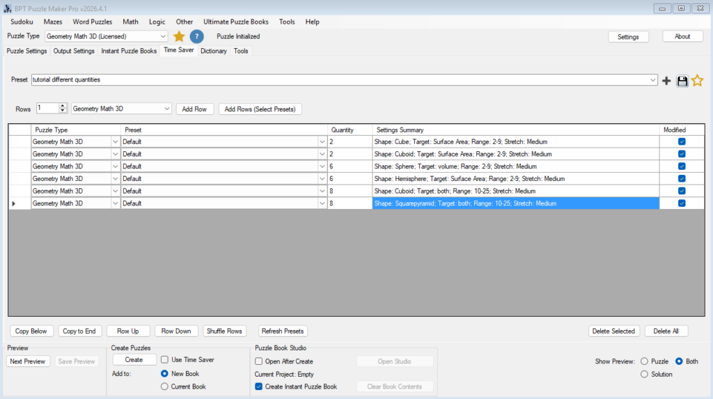 Time Saver rows showing different solids, targets, dimension ranges, and quantities