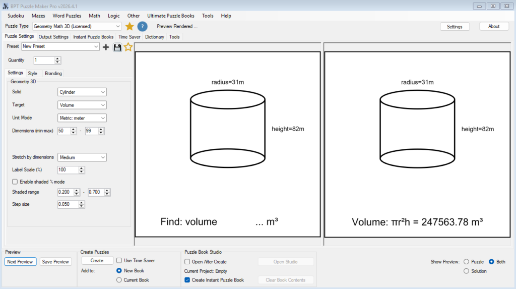 Geometry Math 3D page Intermediate, big numbers