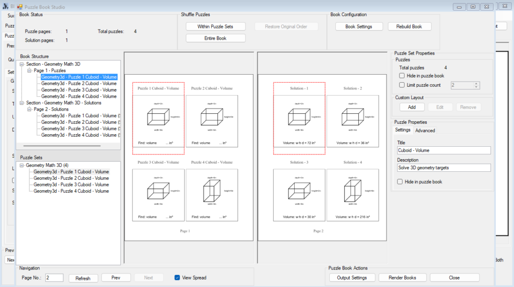 Finished 3D geometry workbook section mockup with puzzle pages and solution pages