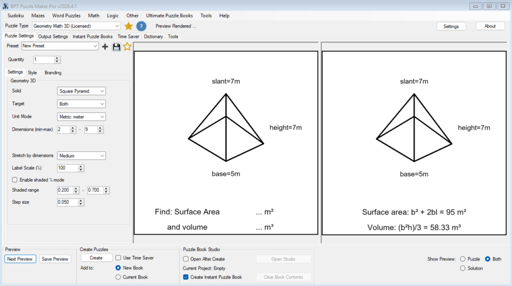 Combined review worksheet showing both surface area and volume answers in the solution view