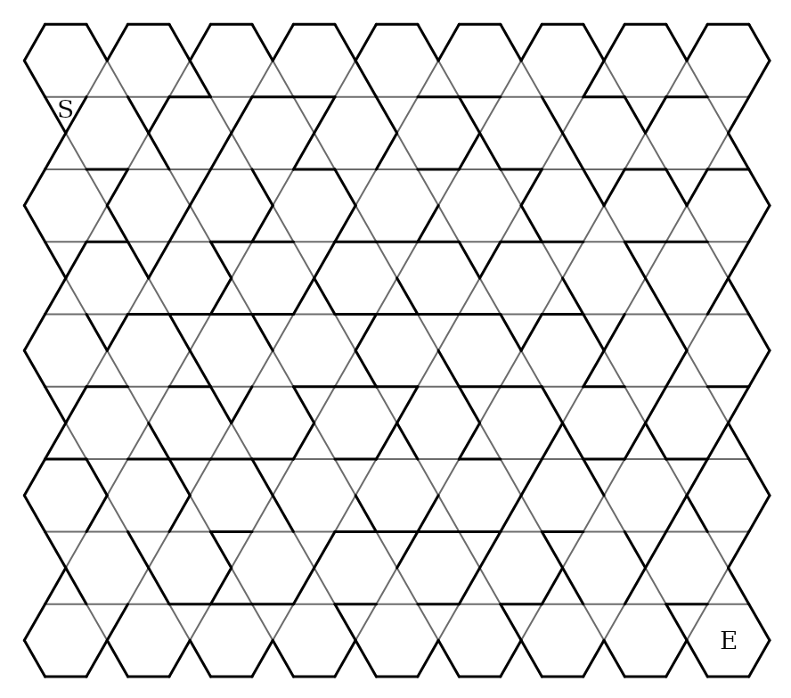 An Archimedean maze on the Kagome tiling — triangles and hexagons woven together, Start and Finish marked