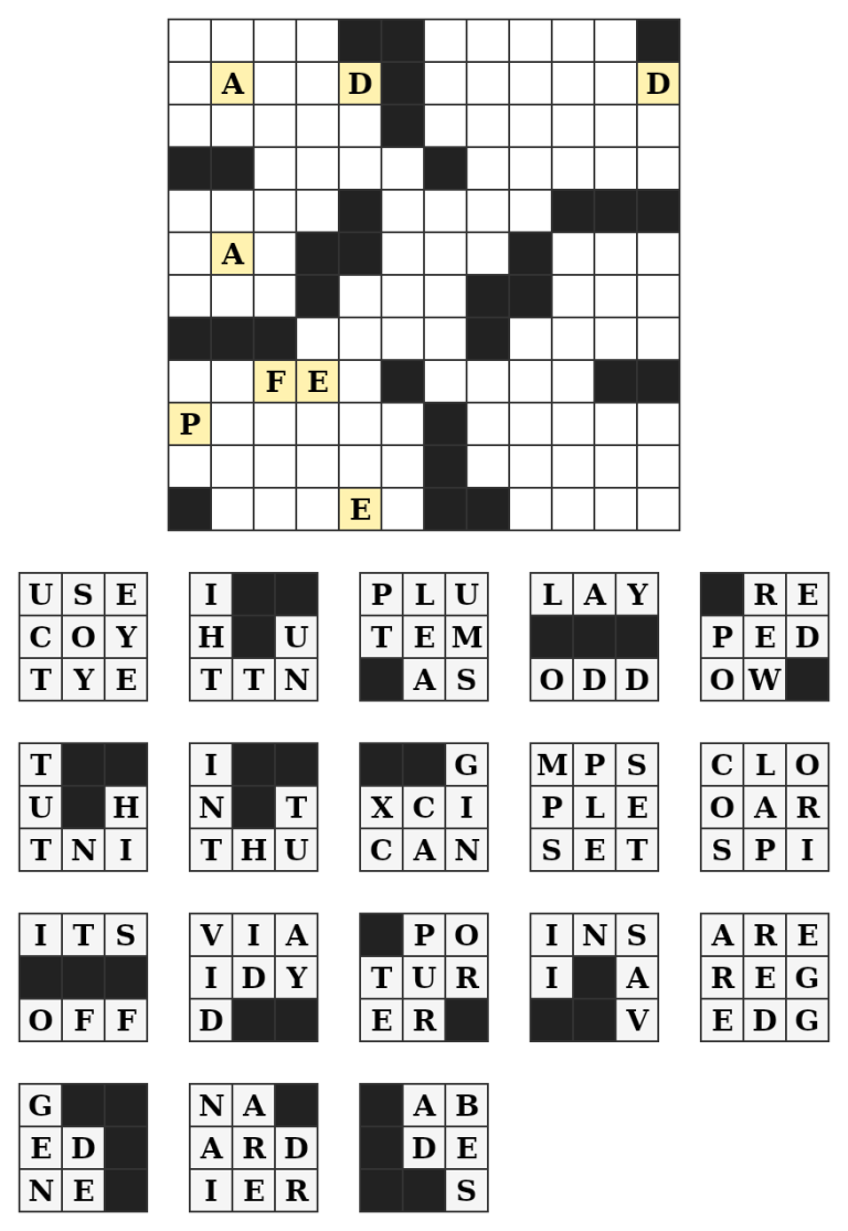 Block Fill puzzle with anchor letters and a bank of blocks