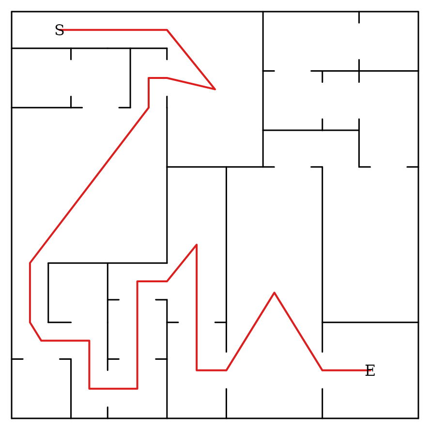 A Cubism maze with the golden-ratio variation, solved — golden-proportioned blocks with the S→E route in red
