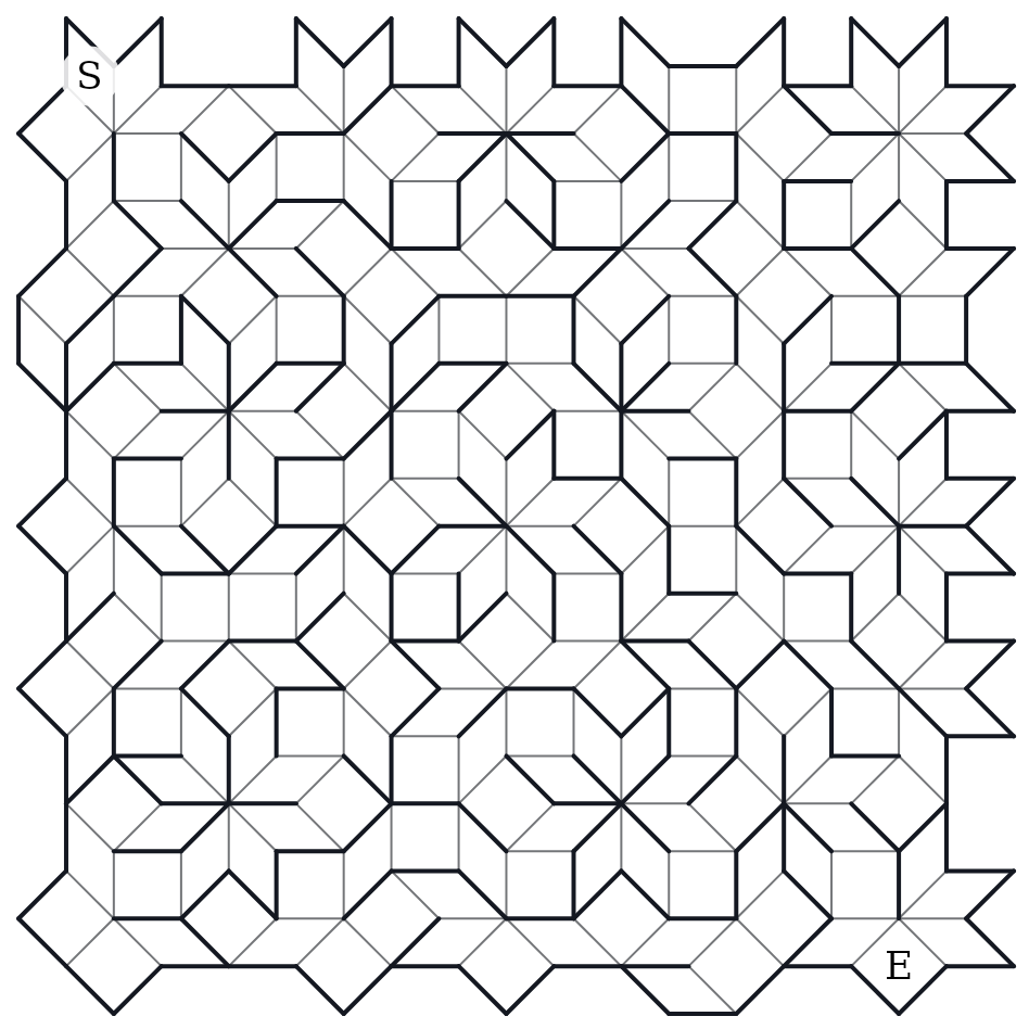 An Exotic Pattern maze on the Ammann–Beenker tiling — squares and rhombi with eight-fold symmetry