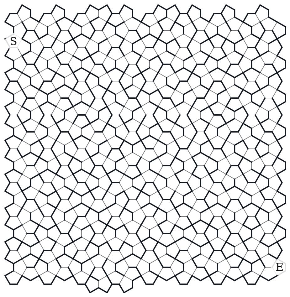 An Exotic Pattern maze on the Cairo pentagonal tiling — five-sided cells, Start and Finish marked
