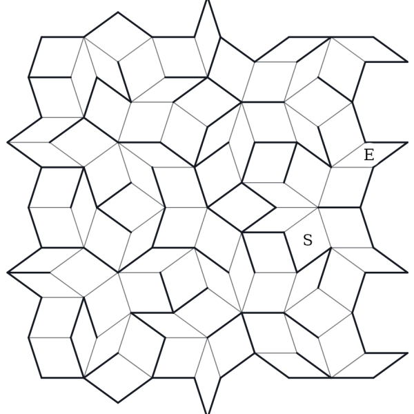 An Exotic Pattern maze on the never-repeating Penrose tiling — fat and thin rhombi, Start and Finish marked