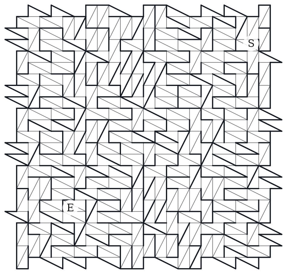 An Exotic Pattern maze on the never-repeating Pinwheel tiling — right triangles spinning at every scale