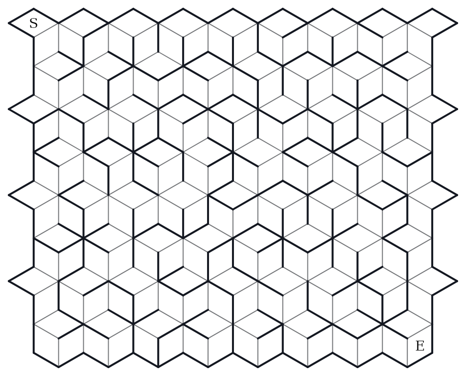 An Exotic Pattern maze on the Rhombille (tumbling-blocks) tiling — rhombi that read as 3D cubes, Start (S) top-left and Finish (E) bottom-right, the tile pattern drawn as faint ghost edges
