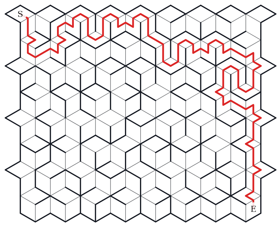 The same Rhombille maze solved — the S→E route highlighted in red, weaving tile to tile through the tumbling blocks