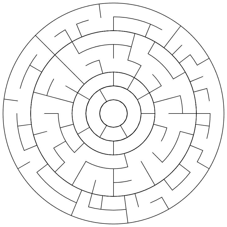 A circle maze — concentric rings divided into segments, S to E