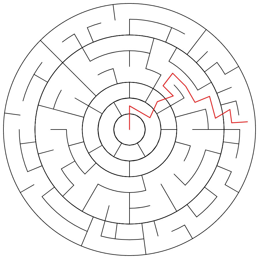 The same circle maze solved — the single route winding through the rings