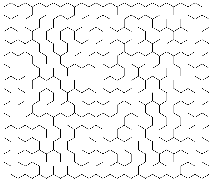 A hexagon maze — a field of six-sided cells, Start (S) top-left and Finish (E) bottom-right