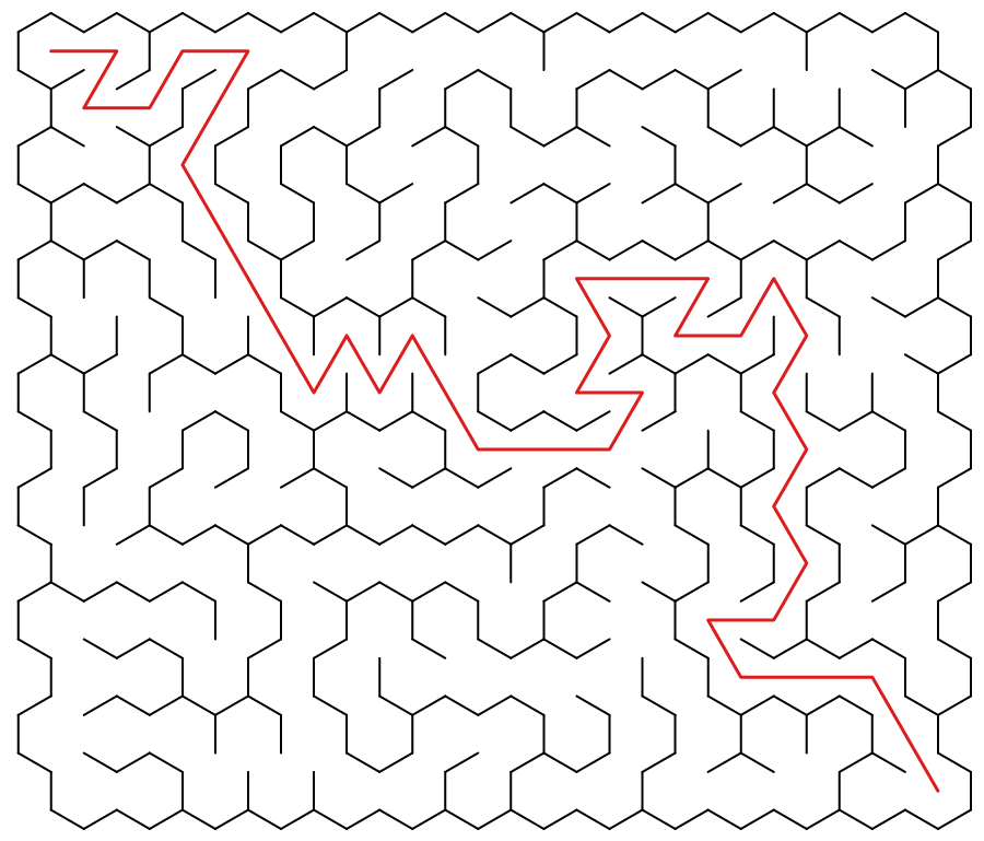 The same hexagon maze solved — the S→E route highlighted in red