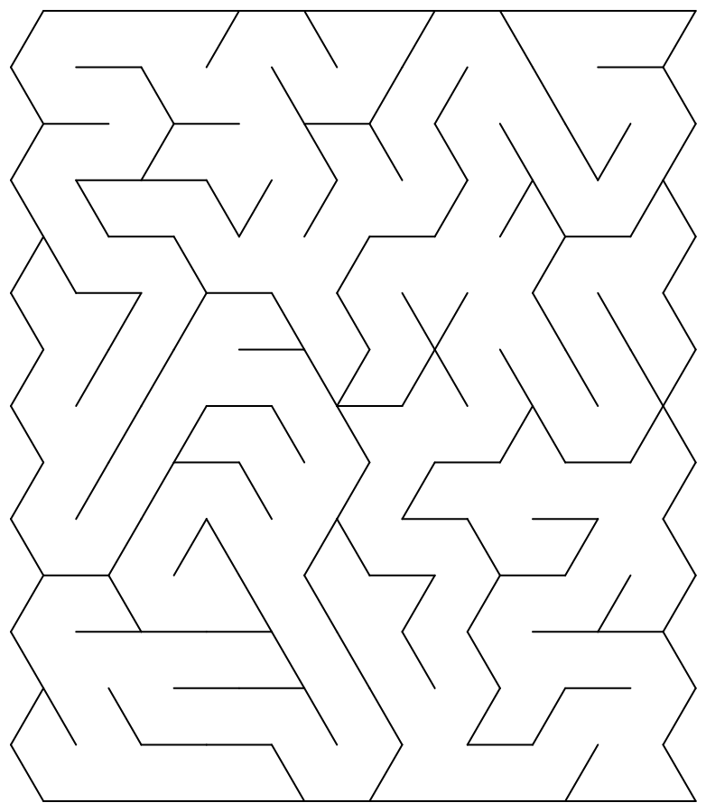 A triangle maze — alternating up-and-down triangular cells, S to E