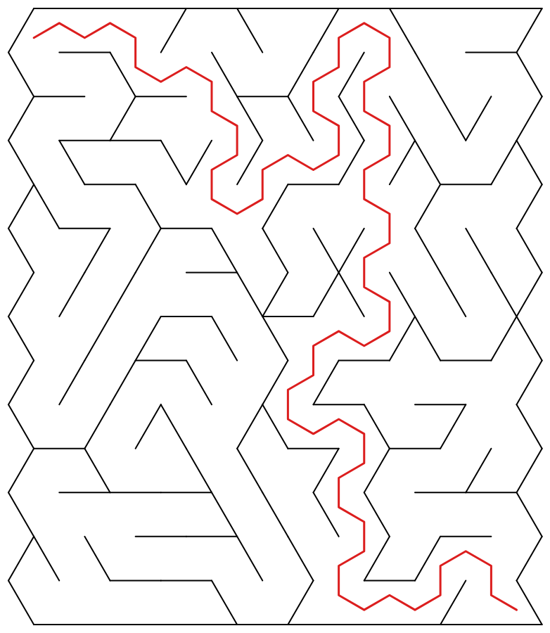 The same triangle maze solved — the single S→E route highlighted