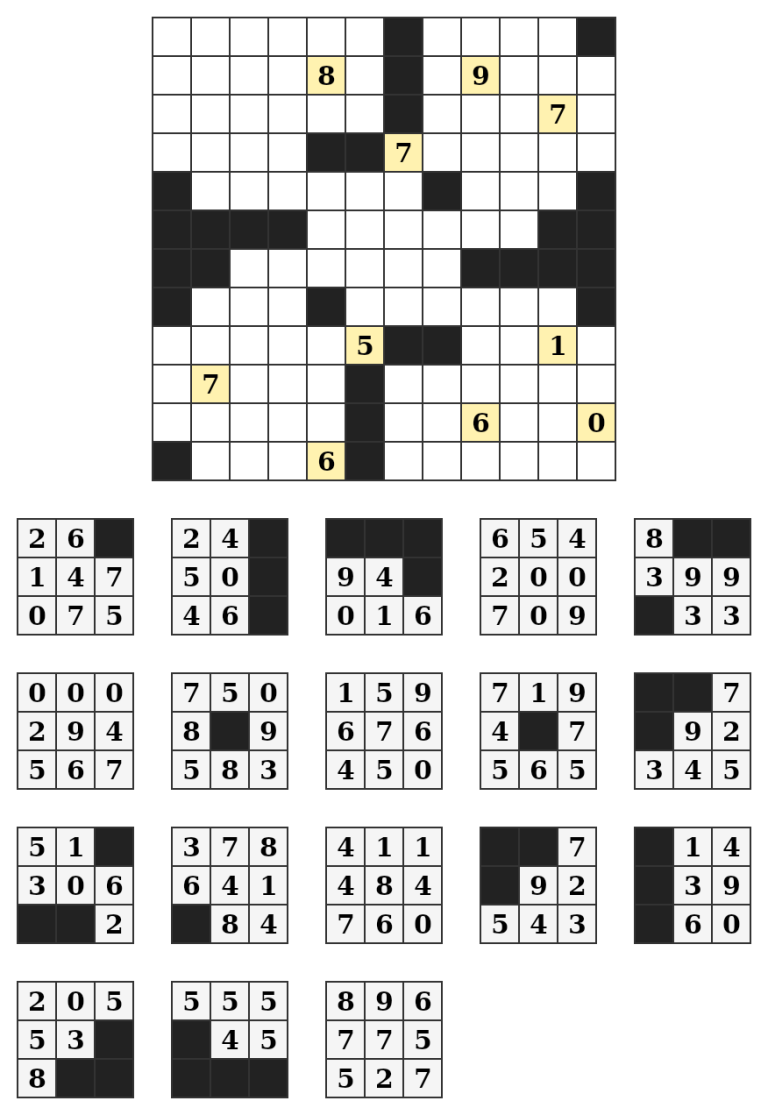 A finished Number Block Fill puzzle — the empty grid with anchor digits and the shuffled block bank