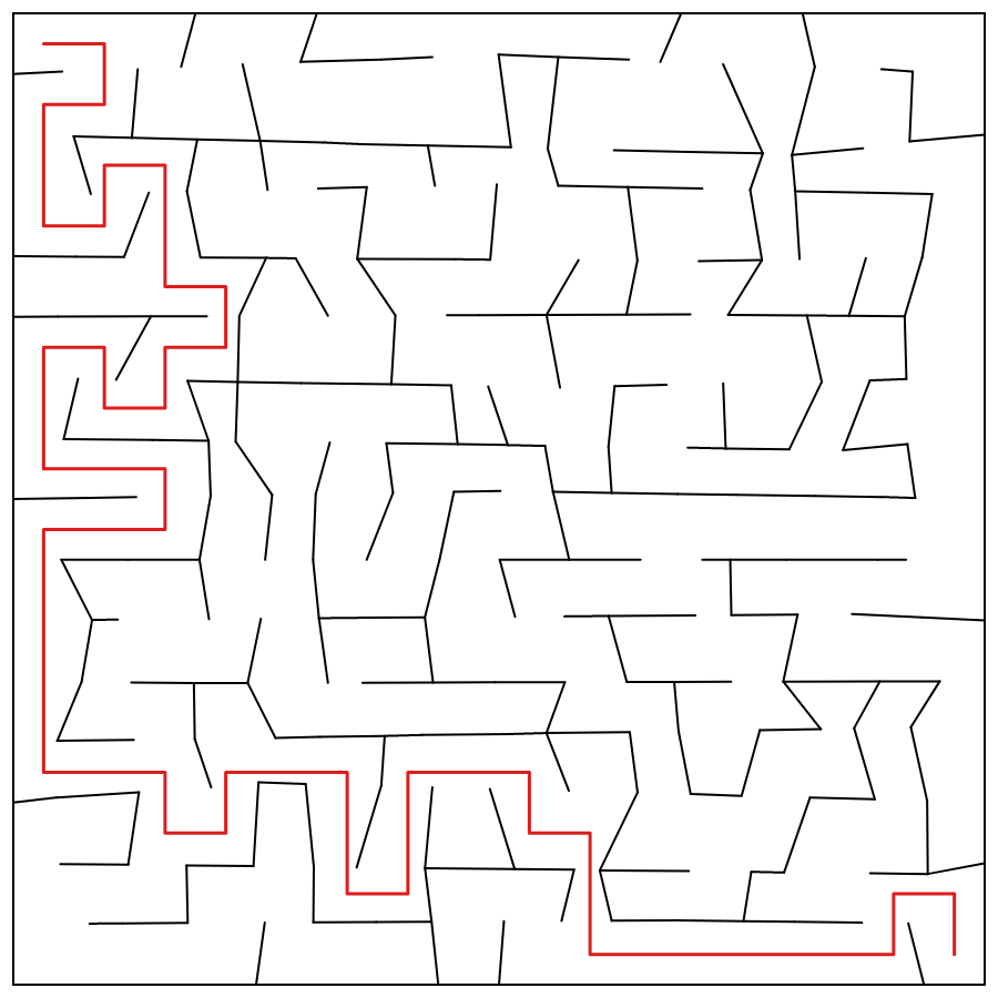The same maze solved — the S→E route highlighted through the slanted grid