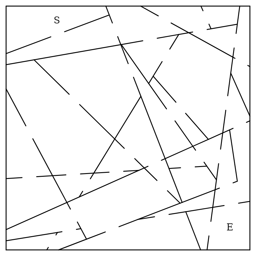 A Shards maze — long oblique glass cuts, Start (S) top-left and Finish (E) bottom-right