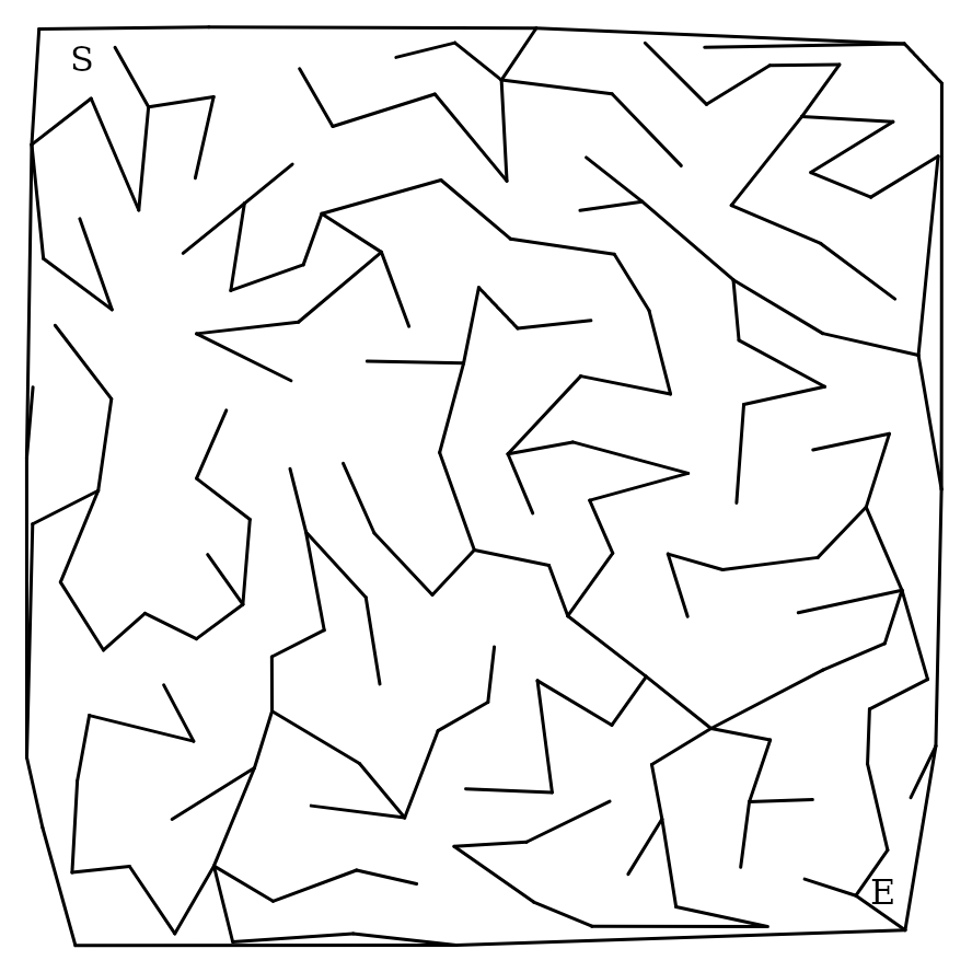 A Triangulation maze — the same points connected into triangular cells, S and E marked with the route