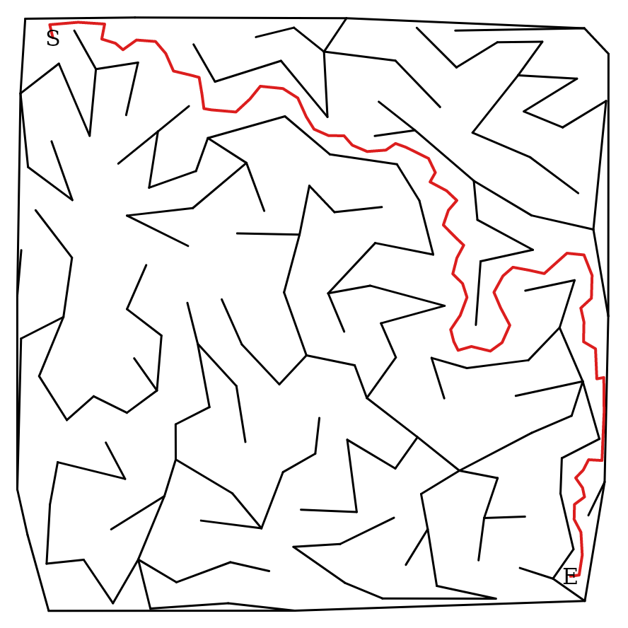 The Triangulation maze solved — the route traced cell to cell from S to E