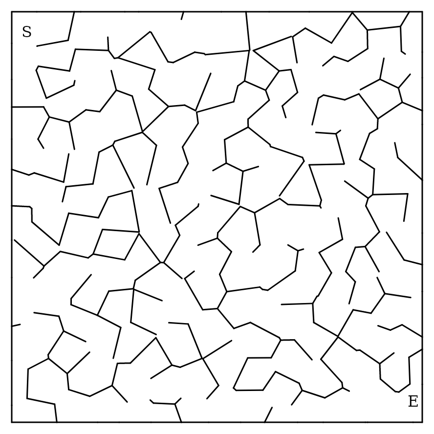 A Voronoi maze — a mosaic of irregular cells, Start (S) top-left and Finish (E) bottom-right, with the route marked