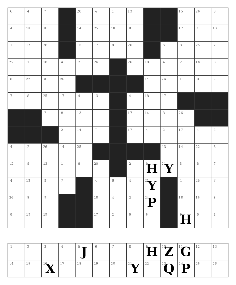 A finished Codeword puzzle page: numbered grid, three starter letters, and the 1-26 key underneath