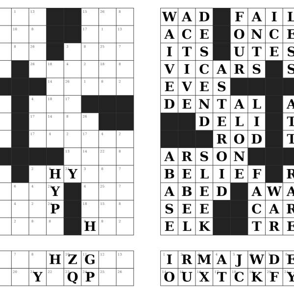 A Codeword puzzle page beside its solution page: the pair every puzzle produces