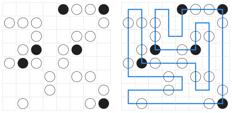 A finished Masyu puzzle beside its answer key