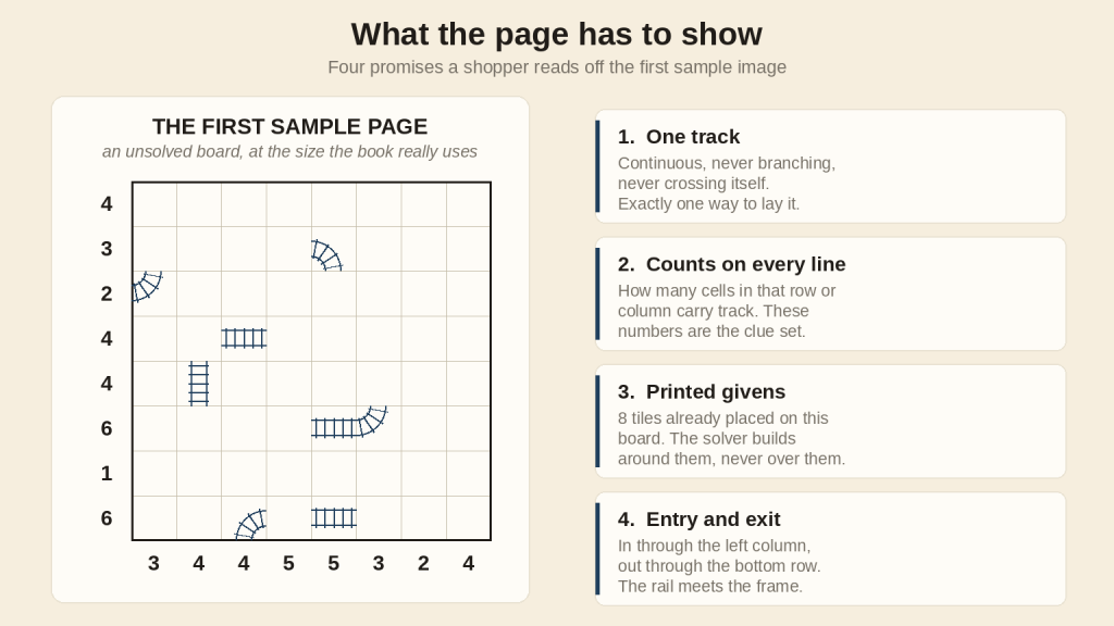 What a Train Tracks sample page has to show: one track, clues on every line, printed givens, entry and exit